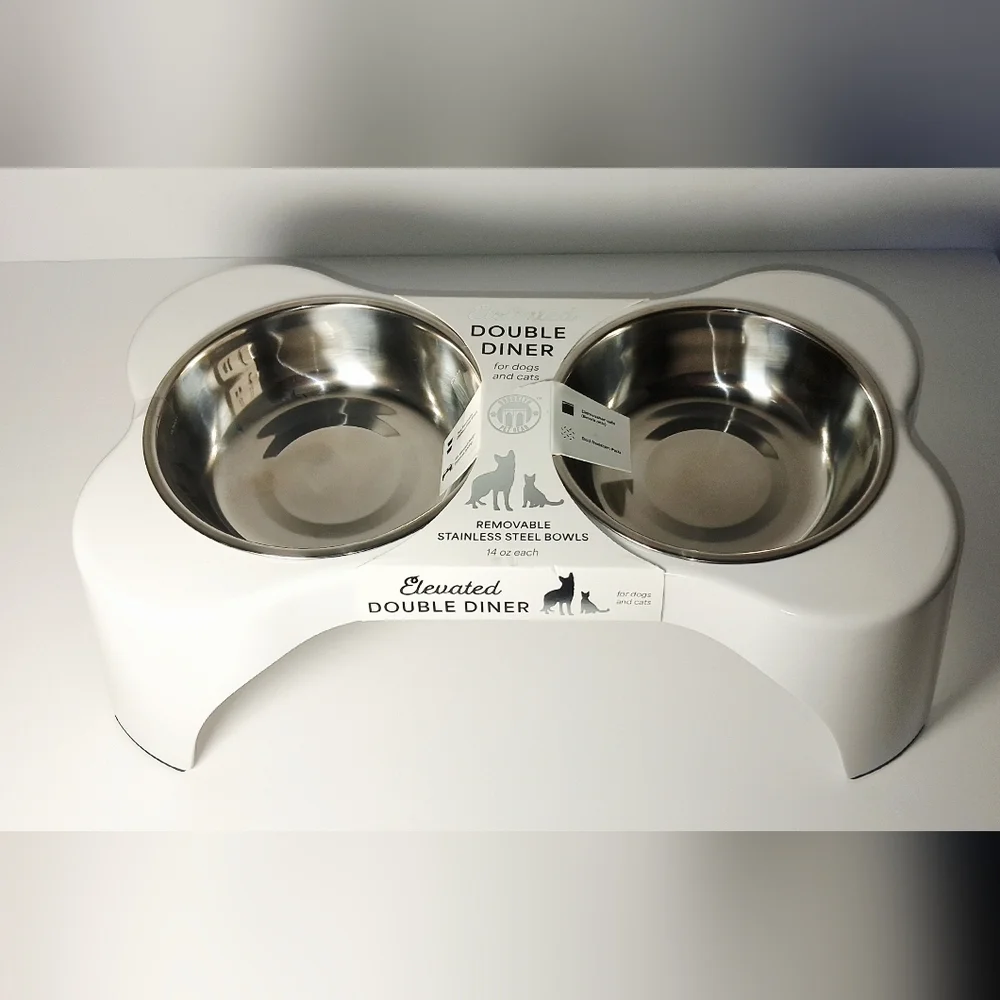 Elevated Double Diner Pet Bowl - White with Stainless Steel Bowls